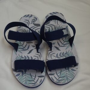 Leaf Print Sandals with Navy Straps